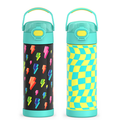 16oz FUNtainer® Water Bottles with Locking Lids Lightning Bolt & Wavy Checkers Teal Bundle