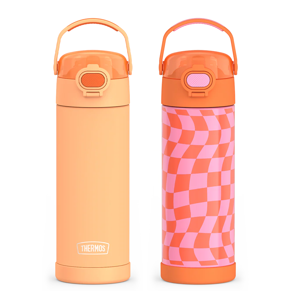 16oz FUNtainer® Water Bottles with Locking Lids Neon Orange & Wavy Checkers Orange Bundle