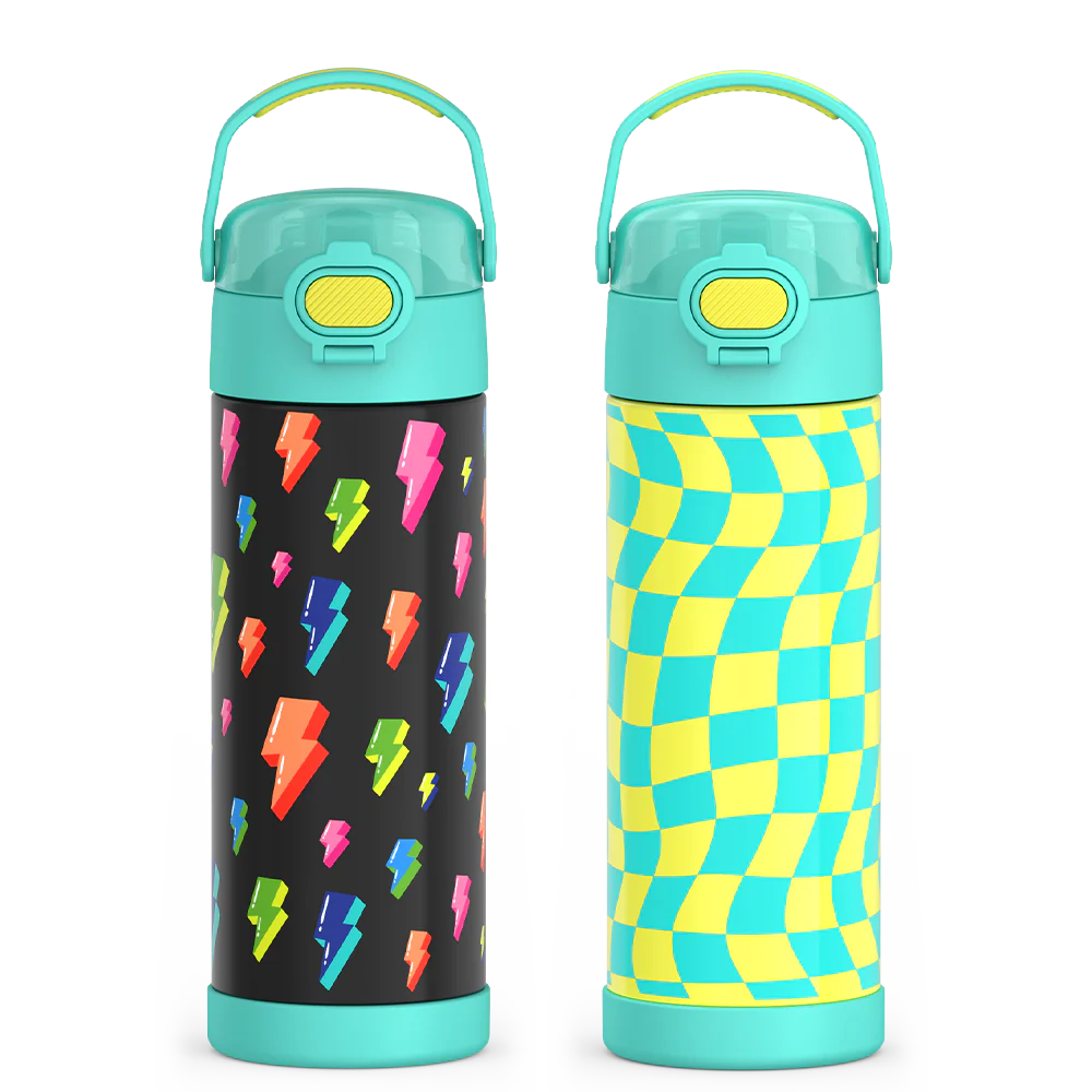 16oz FUNtainer® Water Bottles with Locking Lids Lightning Bolt & Wavy Checkers Teal Bundle