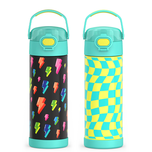 16oz FUNtainer® Water Bottles with Locking Lids Lightning Bolt & Wavy Checkers Teal Bundle